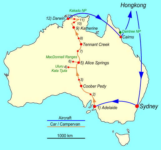 Karte von Australien: Reiseroute